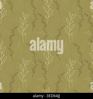 Seamless botanical pattern with hand-drawn leaf doodles on mustard yellow background, organic foliage design for autumn textiles, earthy wallpaper, an Stock Vector