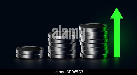 Rising stack of coins with a green growth arrow representing financial success and profit. Vector illustration Stock Vector