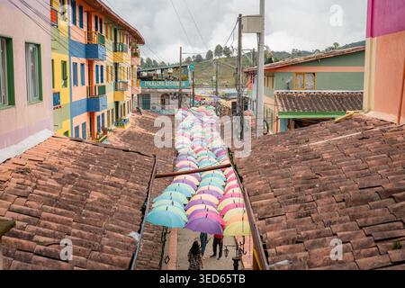 Colorful umbrellas decorating street in guatapÃ© colombia Stock Photo