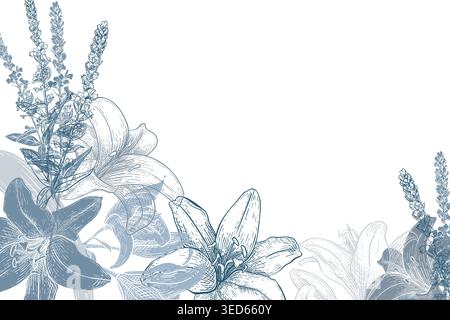 Lily flower border blue monochrome vector drawing on white. Botanical illustration for wedding invitation or Easter card. Floral graphic sketch card Stock Vector