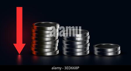 Decreasing coin stacks with a red down arrow showing economic recession or financial crisis. Vector illustration Stock Vector