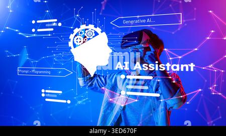 A modern image showcasing a person using a virtual reality headset, illustrating the concept of a generative AI assistant in a technology-driven Stock Photo
