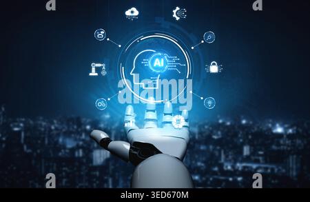 Generative AI assistant displays its global ecosystem. etwork demonstrates integrated applications in automation, data analysis, and security, all Stock Photo
