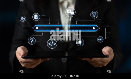 Generative search system powered by AI with data, process, intelligence, and automation in a seamless concept flow. Corpus Stock Photo