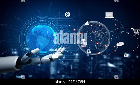 AI-assisted visualization of global communication network, showing data exchange, global connection, digital interaction, and communication network Stock Photo