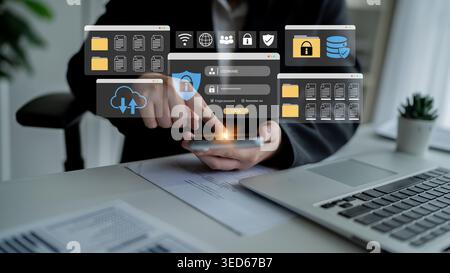 Secure login and file management interface with folder, password, and encryption icons for cybersecurity visualization Parse Stock Photo