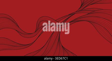 Abstract oriental wave pattern with flowing lines on a red background, Chinese ink and Japanese design. Premium vector illustration, fluid curves Stock Vector