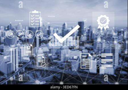 A modern business concept featuring digital checkmarks and documents against an urban skyline, symbolizing compliance, validation, and successful Stock Photo