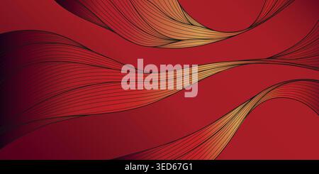 Abstract oriental wave pattern with flowing lines on a red background, Chinese ink and Japanese design. Premium vector illustration, fluid curves Stock Vector
