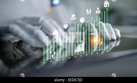 Futuristic Robot Hands Interacting with Data Visualization Interface Displaying Various Business and Financial Icons on a Digital Tabletop Quark. Stock Photo