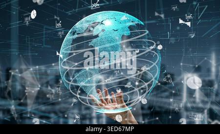 A digital representation of a globe held by a hand, symbolizing innovation and connectivity. The modern backdrop features data visualizations Stock Photo