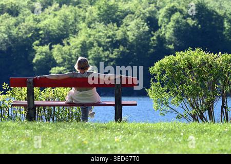 Senior woman relaxing on red park bench overlooking lake surrounded by green trees and shrubs, in Obertraun, Lake Hallstatt, Austria Stock Photo