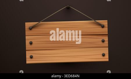 Wooden hanging sign board on dark background. Blank rustic plank for text or logo. Vector illustration Stock Vector