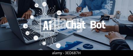A professional group of individuals collaborates in a meeting focused on utilizing artificial intelligence chatbots to boost efficiency and customer Stock Photo