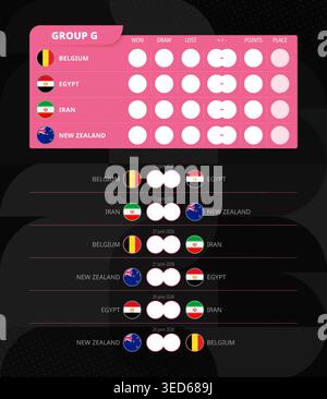 Group G scoreboard of World football 2026 tournament. All games match schedule. Vector flag of Group G. Stock Vector