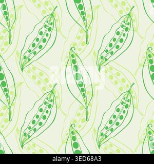 botanical pattern with hand drawn green pea pods and seeds in lime and cream tones minimalist vector for organic food packaging kitchen textile and fr Stock Vector