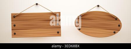 Wooden hanging signboards with rope. Empty planks for your custom text and business advertisement. Vector illustration Stock Vector