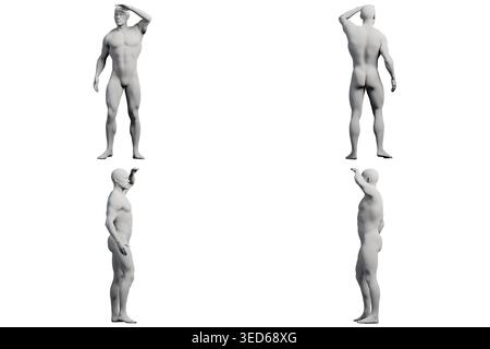 A 4-view collage of a male figure model in a thoughtful pose, standing with one hand on his head, set against a white studio background. This image is Stock Photo