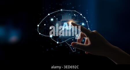 A concept of a deep learning neural network. The AI processor acts as the core of a digital brain, representing the complex algorithms and connections Stock Photo