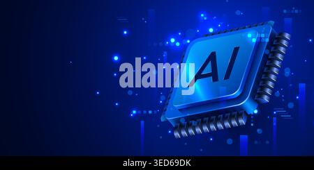 Artificial intelligence microchip processor on abstract blue background. Future technology concept. Vector illustration Stock Vector