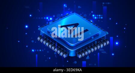 Artificial intelligence microchip processor on digital background representing futuristic technology. Vector illustration. Stock Vector