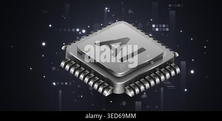 Artificial intelligence microchip processor on dark digital background. High tech concept. Vector illustration. Stock Vector