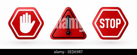 Set of 3D red warning and stop signs for safety and alert communication. Vector illustration. Stock Vector