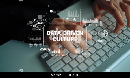 Hands Typing on Keyboard with Data Visualization Elements for Data-Driven Culture Concept in Business Environment. Asymptotic smart data analytic. Stock Photo