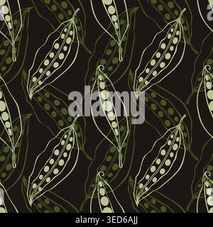 botanical pattern with hand drawn seed pods in dark green and olive tones on black background minimalist floral vector for organic food packaging textile and eco branding design. Vector illustration Stock Vector