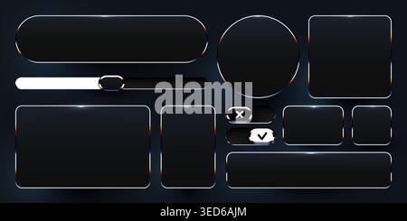 Modern dark UI interface elements with glowing glass borders for digital app design. Vector illustration. Stock Vector