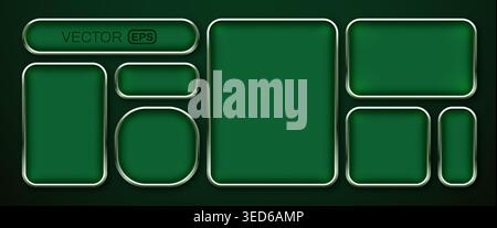 Set of green metallic user interface buttons and frames. Modern ui element kit for your web design. Vector illustration Stock Vector