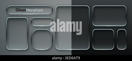 Glassmorphism UI elements and geometric glass frames for modern digital interface design. Vector illustration Stock Vector