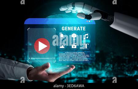 Futuristic Concept of Artificial Intelligence Generating Content through Hands with Multimedia Elements Like Video, Music, and 3D Graphics Quark. Stock Photo