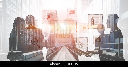 Zero trust model enhances data protection. Zero trust blocks unauthorized access, secures devices, zero trust defends networks, and zero trust Stock Photo