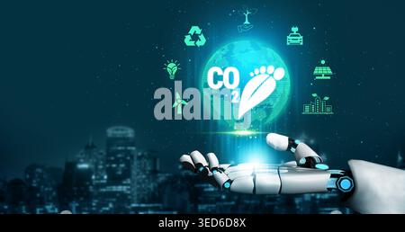 Futuristic Robotic Hand Reaching Towards Carbon Footprint Symbol with Global Icons Representing Sustainability and Environmental Responsibility Quark. Stock Photo