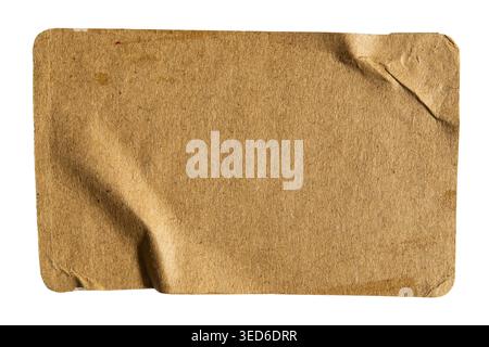 Blank Brown Cardboard Label Tag with Rounded Corners and Wrinkled Surface isolated on white background with clipping path Stock Photo