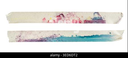 Horizontal Masking Tape Strips with Pink and Blue Watercolor Paint Stains isolated on white background with clipping path Stock Photo