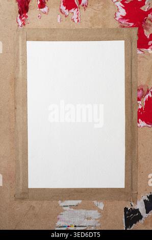 Blank White Watercolor Paper Taped to Dirty Board with Traditional Brown Paper Tape Stock Photo