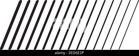 Repeated slanted black parallel sticks with different thickness isolated on white background. Stripes in diagonal arrangement. Oblique lines. Simple Stock Vector