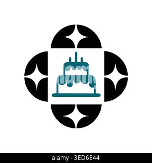 Abstract Geometric Birthday Cake Logo with Decorative Floral Border Stock Vector