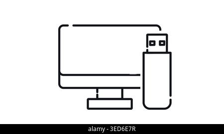 Desktop computer with USB flash drive icon: PC workstation and memory stick connection, minimalist black line art vector illustration. Stock Vector