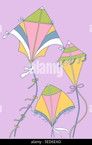 Colorful Flying Kites in Pastel Colors on Purple Background Stock Vector