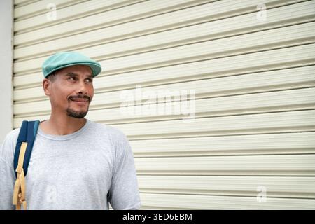 Portrait of a young man wearing a green beret, looking to the side, against an industrial backdrop. copy space Stock Photo