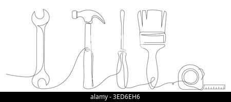 One line drawing of household tools, continuous line. Editable line. Stock Vector