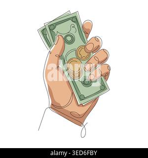 A continuous line drawing depicting a hand holding money. A vector graphic style drawing using a single line. Editable line Stock Vector