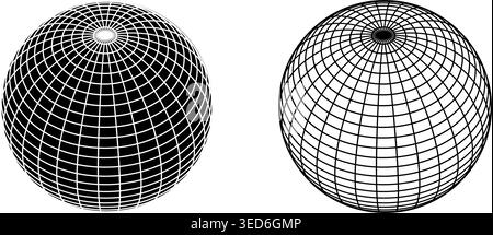 Black and white globe figures with wireframe structures. Spherical shapes, meshed balls isolated on white background. Earth spheres with longitude and Stock Vector