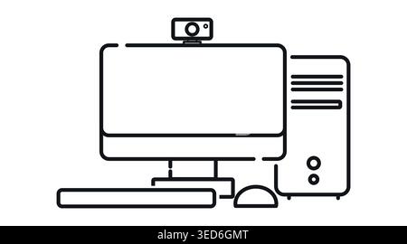 Full desktop computer workstation icon: PC tower, monitor, keyboard, mouse and webcam, minimalist black line art vector illustration. Stock Vector