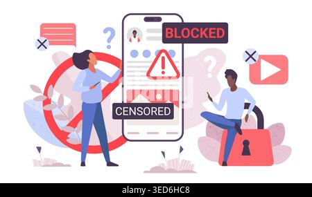Smartphone screen showing blocked and censored online content with users confused by warning signs, restrictions, and privacy lock on social media platforms, isolated on white vector illustration Stock Vector