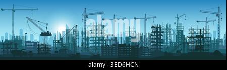 Urban city skyline with many cranes and building constructions in progress, showing industrial development, infrastructure growth and architecture silhouettes at sunrise vector illustration Stock Vector