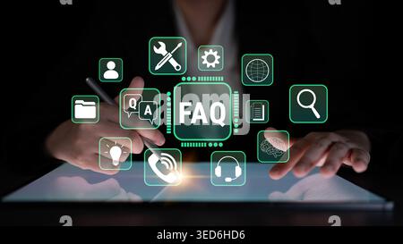 Person interacting with digital interface displaying FAQ icons and tools for online support and information management in dark environment Fluxor. Stock Photo